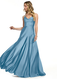 Azazie Kayla Bridesmaid Dresses Steel Blue Sheath Side Slit Stretch Satin Dress image3