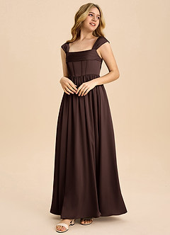 Azazie Hattie Junior Robe Trapèze en Satin extensible Plissée Ganache image3