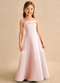 Azazie Izel Girls Formal Flower Girl Dresses Ivory Blushing Pink A-Line Pleated Matte Satin Dress image3