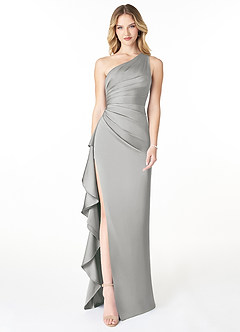 Azazie Latrice Bridesmaid Dresses Silver Sheath One Shoulder Cascading Ruffles Stretch Satin Dress image1