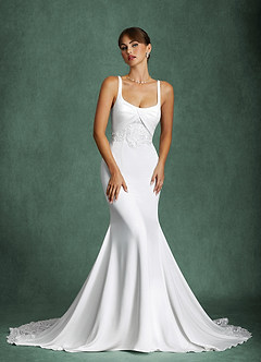 Azazie Gina Wedding Dresses Diamond White Champagne Mermaid Square Neckline Crepe Back Satin Dress image5