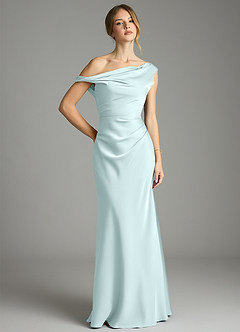 Azazie Emerson Bridesmaid Dresses Sea Glass Mermaid Off the Shoulder Stretch Satin Dress image1