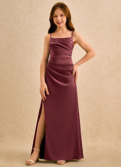 Azazie Cannoli Girls Formal Abiti da Ragazza di Fiori Abito A-Line in Raso Elasticizzato Plissettato Merlot image3