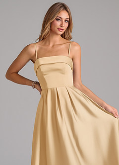 Azazie Lucienne Vestidos de madrinha de casamento Vestido Ouro de Cetim elástico de Linha A com Plissado image2