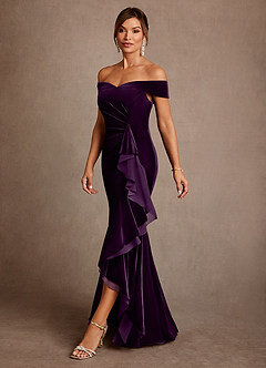 Azazie Billings 신부의 어머니 드레스 인어 오프 더 숄더 벨벳 비대칭 드레스 image2