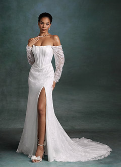 Azazie Zelda Wedding Dresses Diamond White Mermaid Side Slit Lace Dress image3
