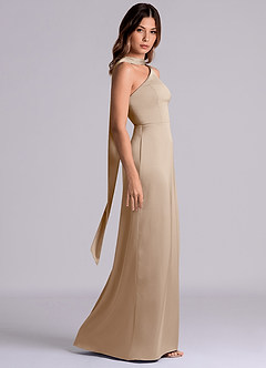 Azazie Phaedra Bridesmaid Dresses Taupe A-Line One Shoulder Stretch Satin Dress image3
