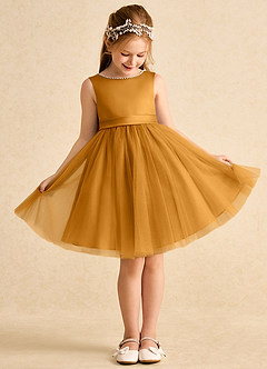 Azazie Jani Flower Girl Dresses Butterscotch A-Line Bow Tulle Dress image2