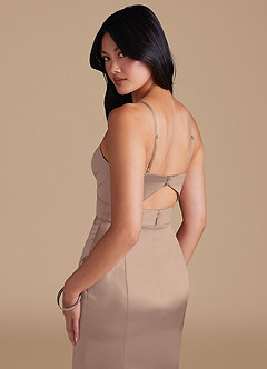 Azazie Shania Bridesmaid Dresses Taupe Sheath Pleated Metallic Satin Dress image4