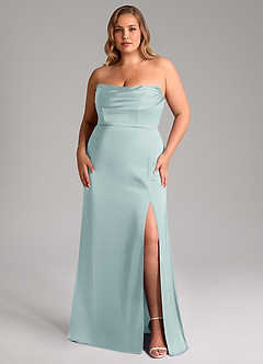 Azazie Saige Bridesmaid Dresses Mist Sheath Off the Shoulder Stretch Satin Dress image16