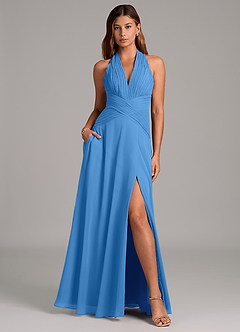 Azazie Elizabeth Brautjungfernkleider A-Linie Plissee Chiffon Kleid Blauhäher image1