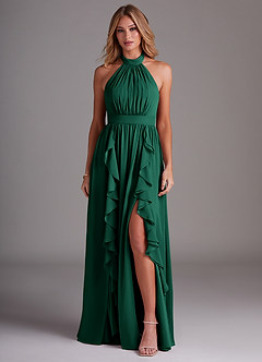 Azazie Avary Bridesmaid Dresses Emerald A-Line Pleated Chiffon Dress image1