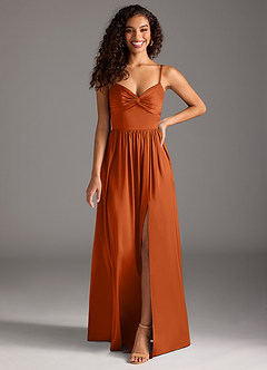 Azazie Zeya Vestidos de damas de honor Vestido de Naranja Quemada de Satén Elástico de Corte en A con Plisado image8