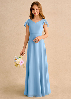 Azazie Nari Girls Formal Flower Girl Dresses Powder Blue A-Line with Sleeves Chiffon Dress image4