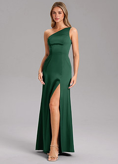 Azazie Feby Vestidos de damas de honor Vestido de Verde Oscuro de Satén Elástico de Corte en A con Hombro unilateral image6