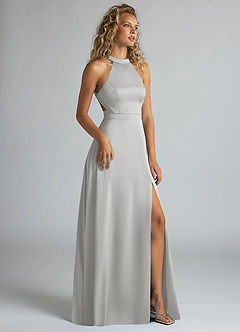 Azazie Clarice Bridesmaid Dresses Silver A-Line High Neck Stretch Satin Dress image2