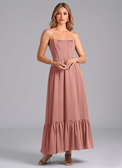 Azazie Leilana Vestidos de damas de honor Vestido de Rosetón de Satén Elástico de Corte en A con Corsé image1