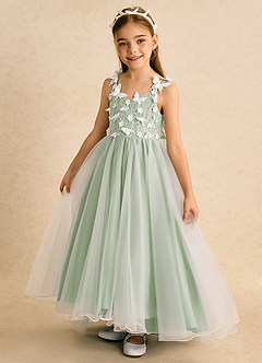 Azazie Darlina Flower Girl Dresses Ivory Dusty Sage Ball-Gown Lace Tulle Dress image9