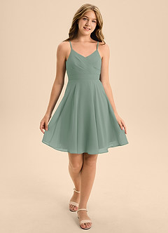 Azazie Avelina Junior Silver Sage A-Line Pleated Chiffon Dress image3