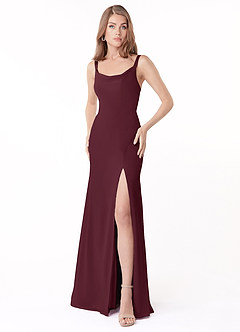 Azazie Salma Vestidos de damas de honor Vestido de Cabernet de Gasa de Corte Recto con Corte Lateral image1
