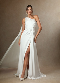 Azazie Tulisa Wedding Dresses Diamond White A-Line One Shoulder Stretch Satin Dress image3