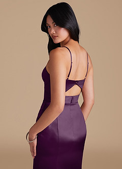 Azazie Shania Bridesmaid Dresses Plum Sheath Pleated Metallic Satin Dress image4