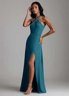 Azazie Tracie Bridesmaid Dresses Ink Blue A-Line Side Slit Stretch Satin Dress image4