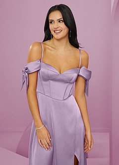 Barbie ♥ Azazie Robes de demoiselle d'honneur Robe Trapèze en Satin extensible Épaule décolletée Frostiges Flieder image12