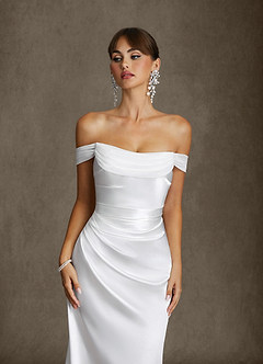 Azazie Darlene Wedding Dresses Diamond White Mermaid Off the Shoulder Metallic Satin Dress image4