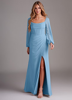 Azazie Charissa Abiti da Damigella Abito Tubino in Chiffon Maniche Lunghe Blu Acciaio image3