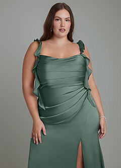 Azazie Jessamine Bridesmaid Dresses Sea Moss Sheath Corset Stretch Satin Dress image10
