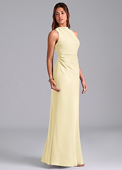 Azazie Evadne Bridesmaid Dresses Lemon Sorbet Sheath Pleated Chiffon Dress image4