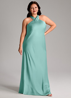 Azazie Doretta Bridesmaid Dresses Aqua Mermaid Pleated Stretch Satin Dress image9