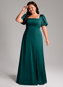 Azazie Fyona Bridesmaid Dresses Peacock A-Line Pleated Stretch Satin Dress image4