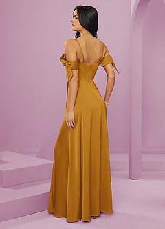Barbie ♥ Azazie Bridesmaid Dresses Butterscotch A-Line Off the Shoulder Stretch Satin Dress image9