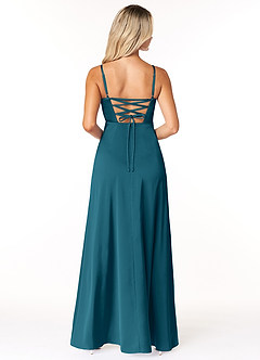 Azazie Marchella Robes de demoiselle d'honneur Robe Trapèze en Satin extensible Corset Bleu Encre image2