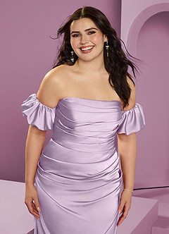 Barbie ♥ Azazie Robes de demoiselle d'honneur Robe Fourreau Convertible en Satin extensible Épaule décolletée Frostiges Flieder image15