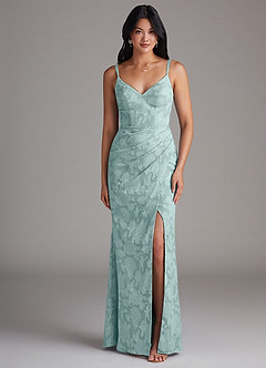 Azazie Leo Robes de demoiselle d'honneur Robe Fourreau en Blumen-Burnout Plissée Brume image1