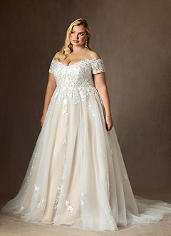 Azazie Rowe Wedding Dresses Diamond White Champagne Ball-Gown Off the Shoulder Tulle Dress image11