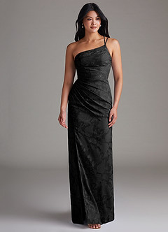 Azazie Eren Bridesmaid Dresses Black Sheath One Shoulder Floral Burnout Dress image4