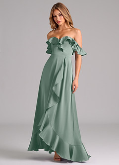 Azazie Lyra Jurken voor bruidsmeisjes Converteerbaar Jurk van Stretch Satijn met A-Lijn Off the Shoulder Zilveren Salie image4