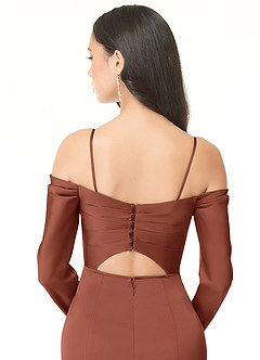 Azazie Hallie Bridesmaid Dresses Clay Sheath Off-The-Shoulder Long Sleeve Stretch Satin Convertible Dress image7