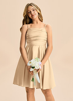 Azazie Miko Junior Champagne A-Line Pleated Stretch Satin Dress image6