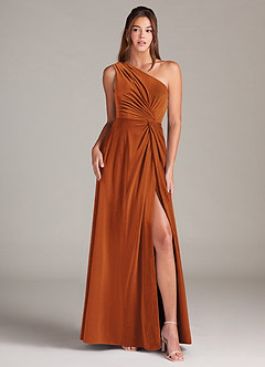 Azazie Brooke Bridesmaid Dresses Burnt Orange A-Line One Shoulder Velvet Dress image1