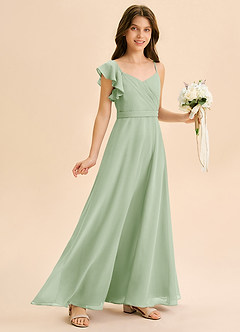 Azazie Kelsea Junior Abito A-Line in Chiffon Increspato Verde Salvia image1