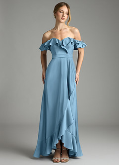 Azazie Lyra Bridesmaid Dresses Steel Blue A-Line Off the Shoulder Stretch Satin Convertible Dress image1