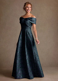 Azazie Harriett Mother of the Bride Dresses Dark Navy A-Line Off the Shoulder Floral Jacquard Dress image7