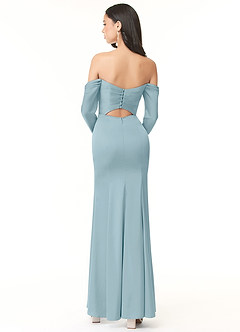 Azazie Hallie Bridesmaid Dresses Moody Blue Sheath Off-The-Shoulder Long Sleeve Stretch Satin Convertible Dress image4