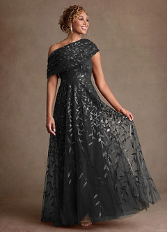 Azazie Sidney Mère de la mariée Robes Robe Trapèze en Dentelle Épaule décolletée Noir image4