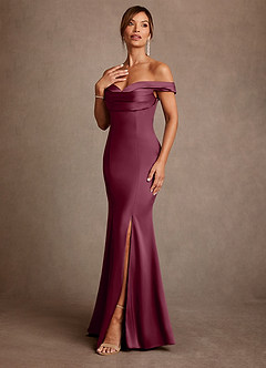 Azazie Boone Mother of the Bride Dresses Mulberry Mermaid Off the Shoulder Stretch Satin Dress image4